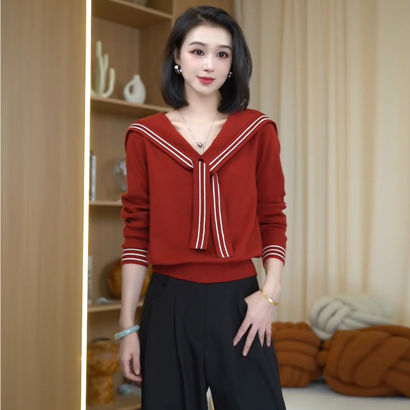 2025年秋冬新款时尚设计感遮肉长袖针织毛衣女海军领显瘦百搭上衣