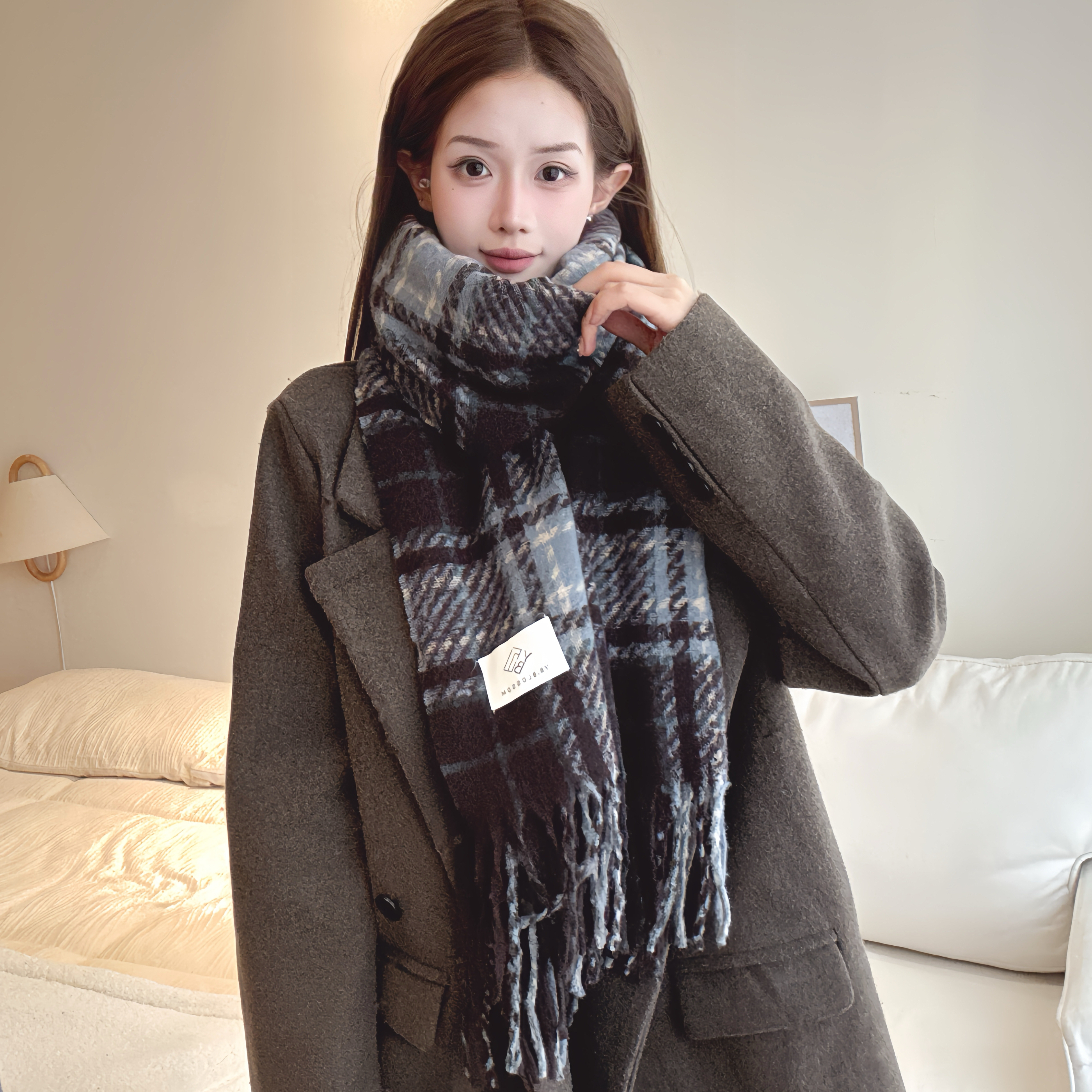 高级感灰蓝条纹围巾女韩系氛围感百搭围脖复古蓝格子披肩男保暖冬