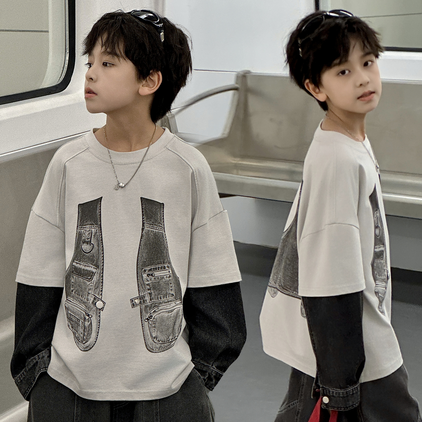 男童韩版假两件卫衣2025年秋季新款中大男童洋气休闲卫衣百搭潮酷