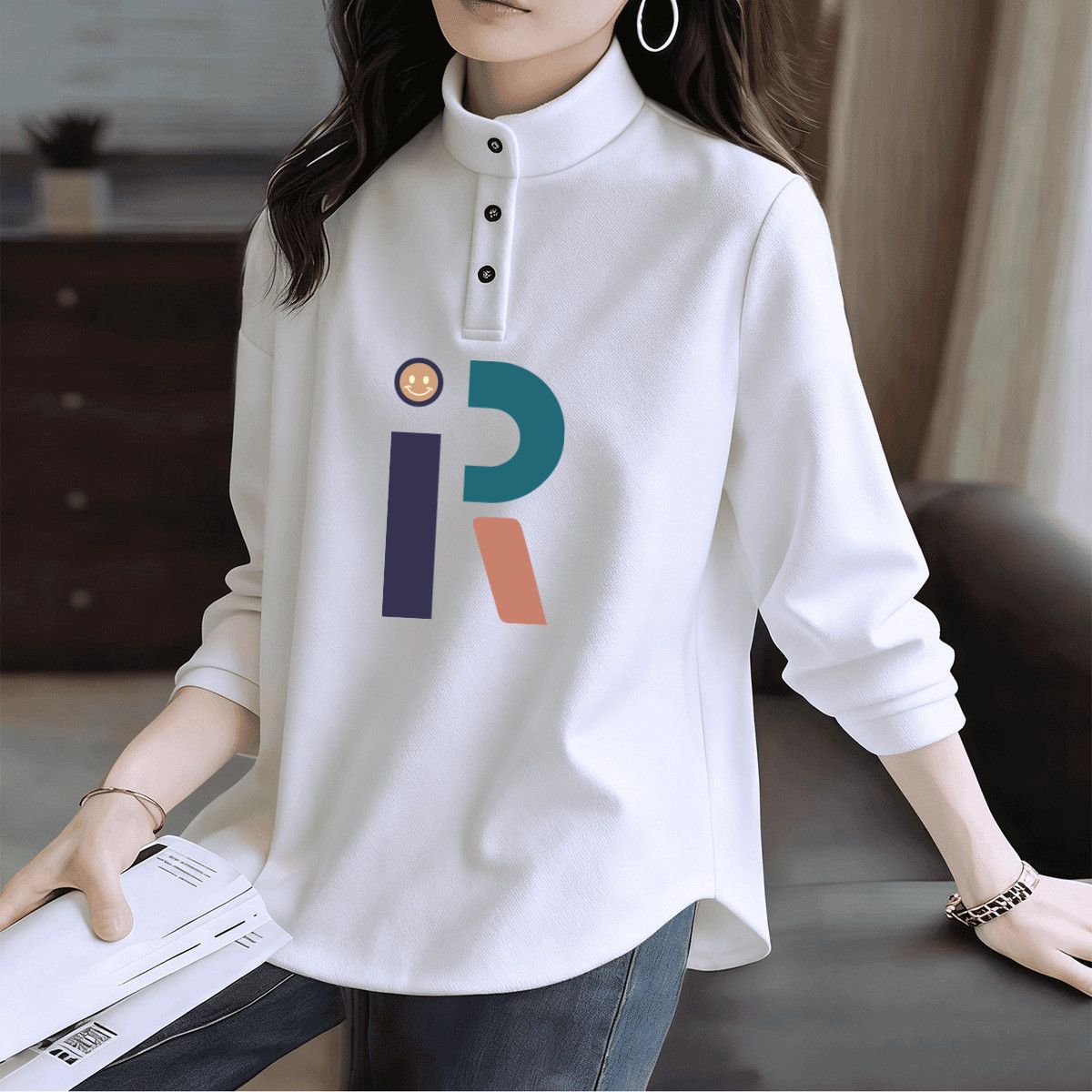 薄款长袖宽松型休闲洋气打底衫白色韩版翻领打底时尚秋冬加绒卫衣