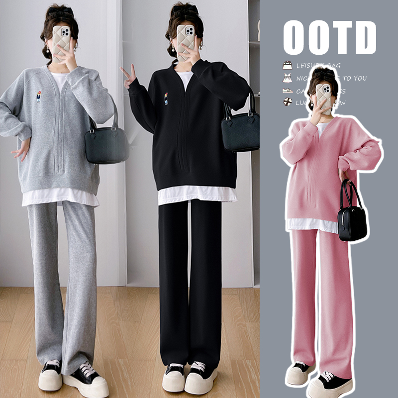 2025春秋新款时尚减龄假两件孕妇套装网红洋气显瘦孕妇休闲两件套