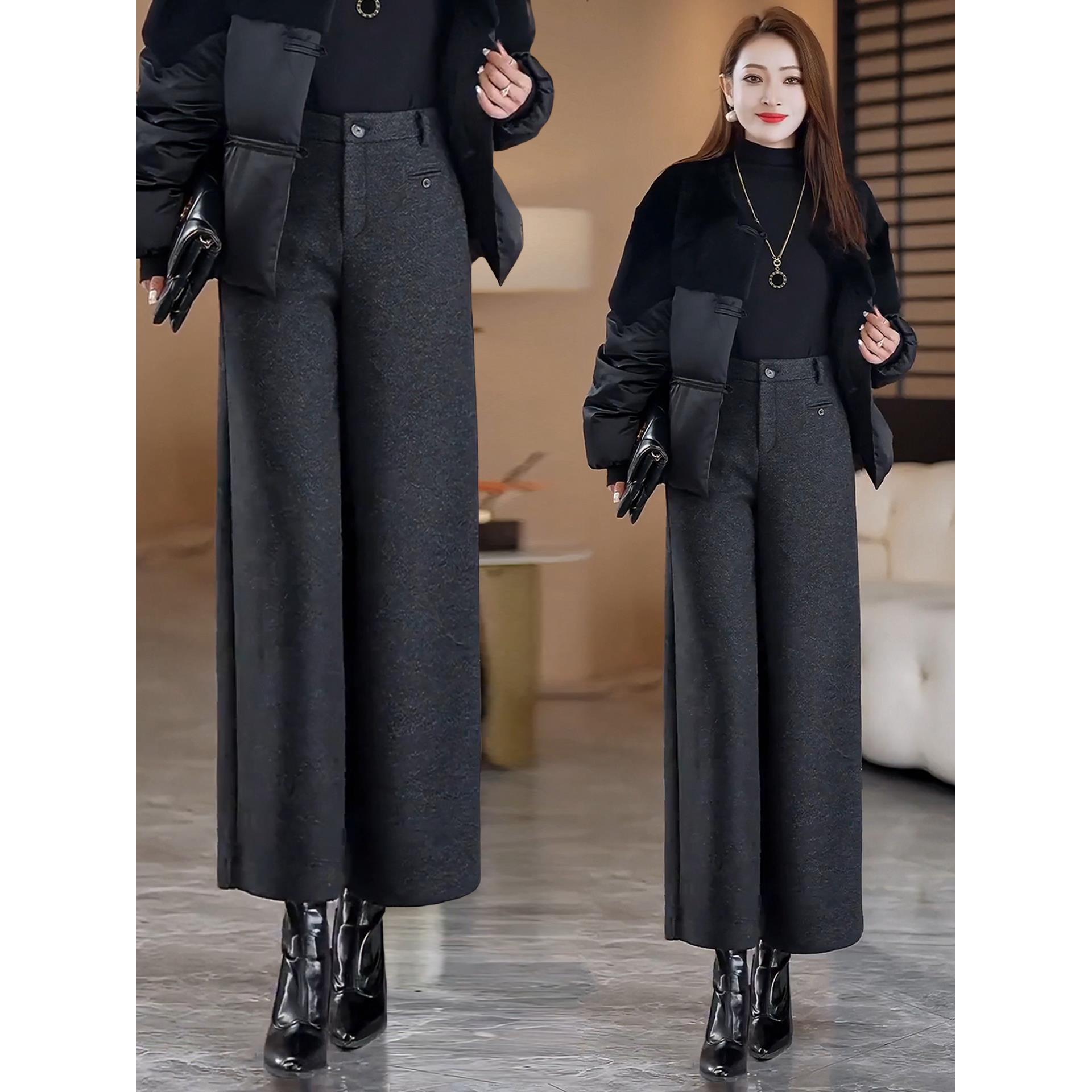 黑灰色毛呢阔腿裤女2025秋冬季新款宽松直筒加绒加厚休闲裤子冬天