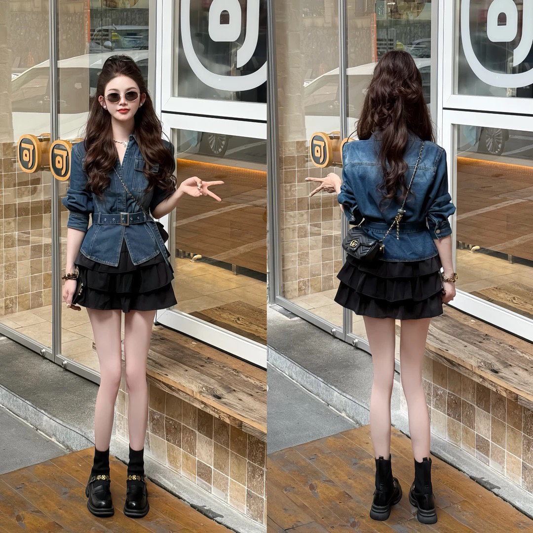 秋季酷飒收腰翻领牛仔上衣搭配蓬蓬裙小众时髦酷飒风气质收腰显瘦
