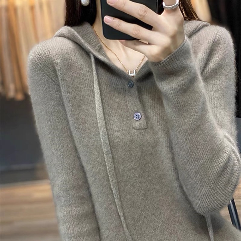 25秋冬新款羊绒衫女连帽套头毛衣时尚百搭羊毛针织打底衫宽松卫衣