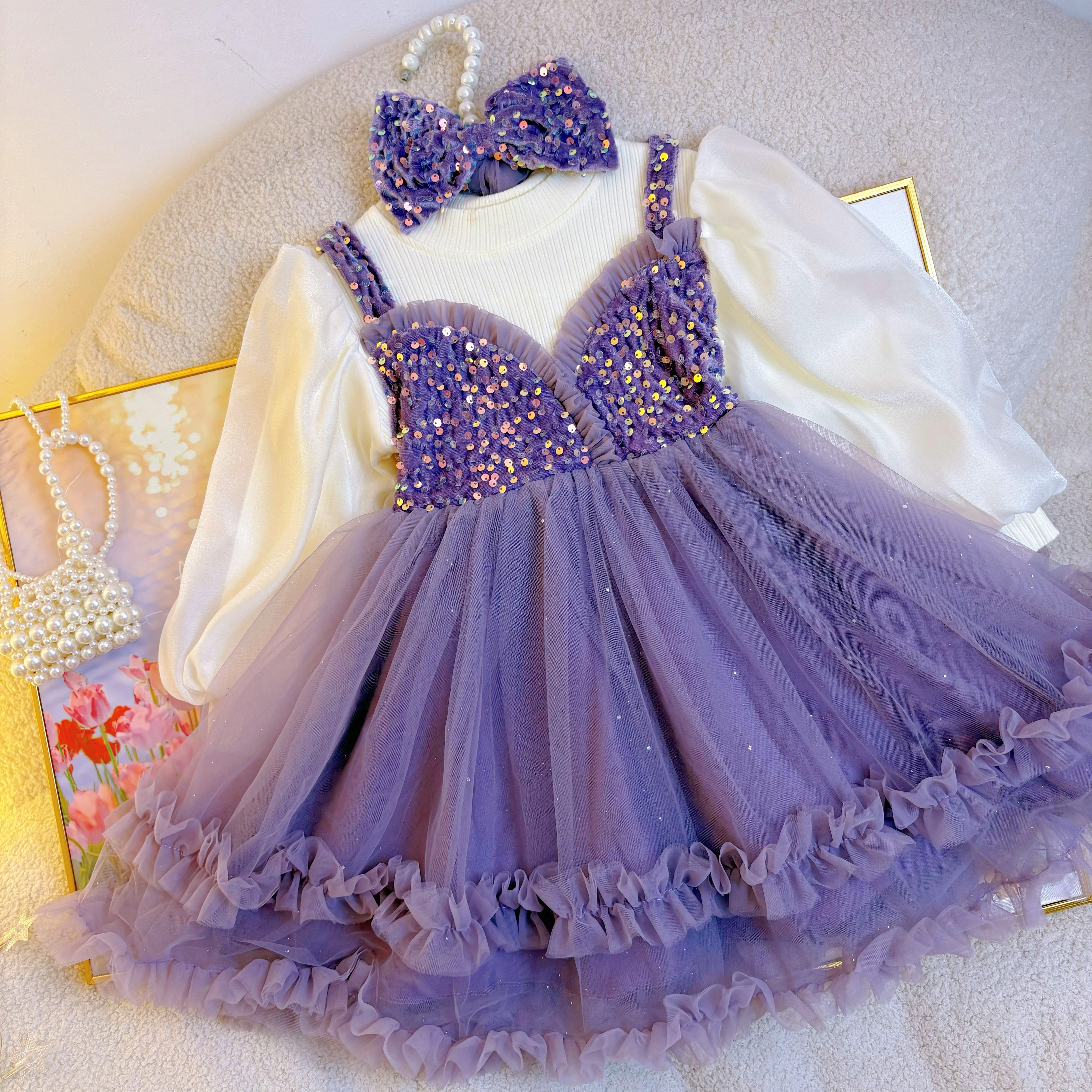 秋冬款加绒童装紫色公主裙女可爱风连衣裙女童裙子洋气少女风蓬蓬