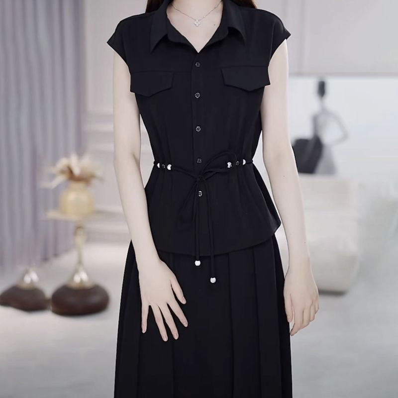 轻奢显瘦赫本风冰丝绉时尚套装2025新款女夏季两件套上衣半身裙子