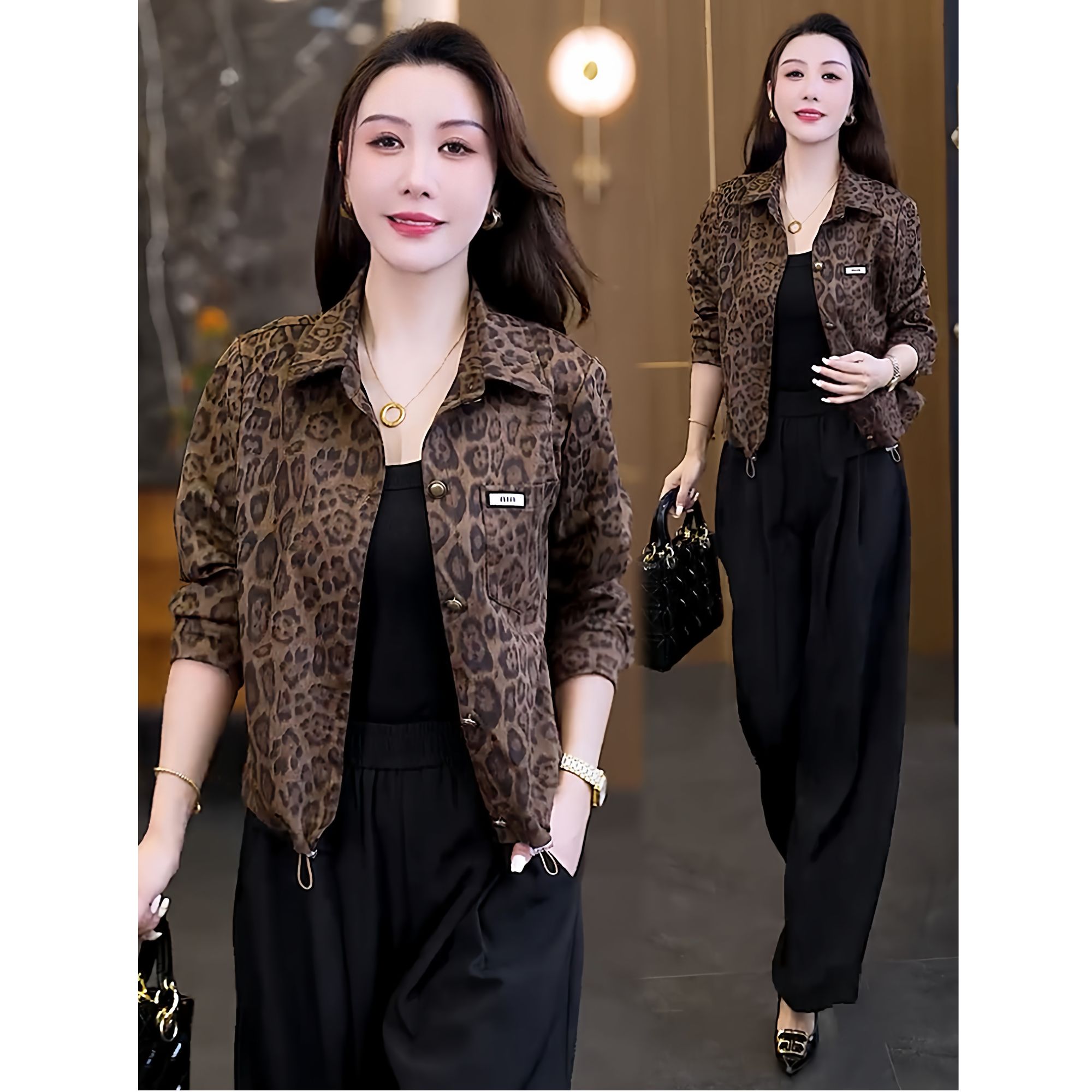 时尚豹纹短款外套女2025秋季新款小个子洋气百搭显瘦印花长袖上衣