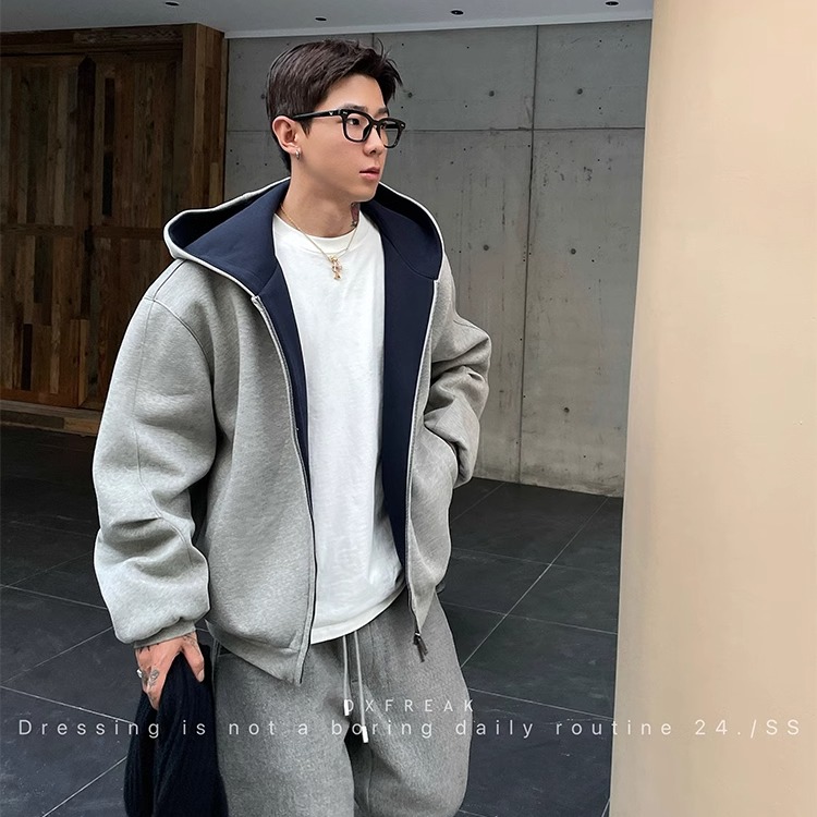 小众设计感双拉链短款连帽开衫卫衣外套男宽松廓形秋冬休闲百搭潮
