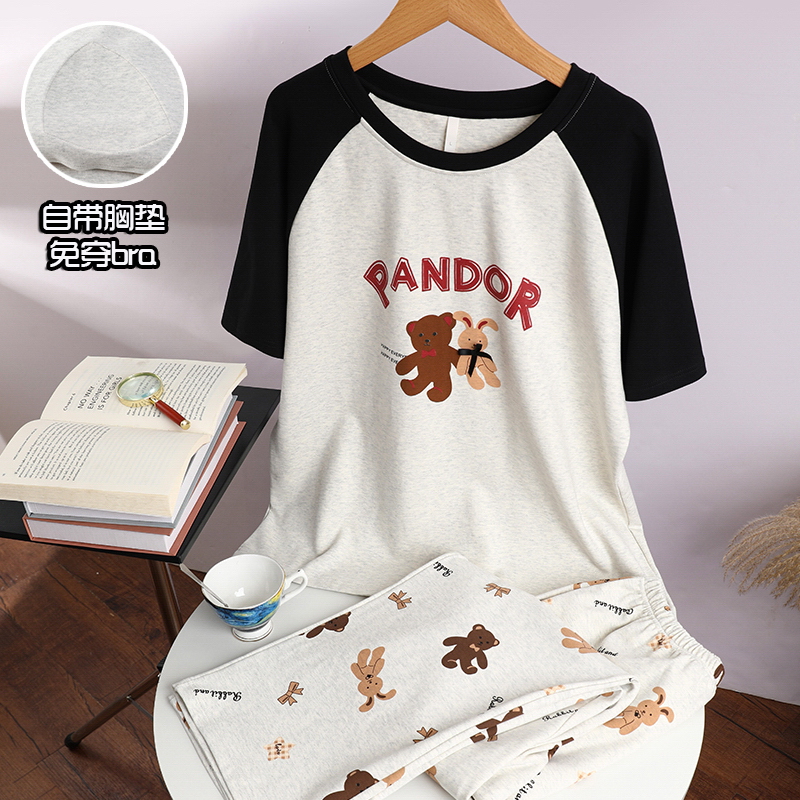 【带胸垫】夏季新款纯棉女士套头短袖卡通甜美家居服套装