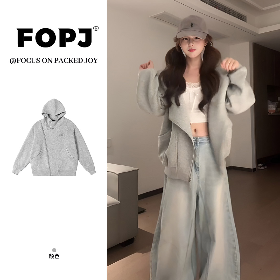 FOPJ刺绣款美式慵懒感连帽卫衣女2025秋冬设计双拉链休闲外套上衣