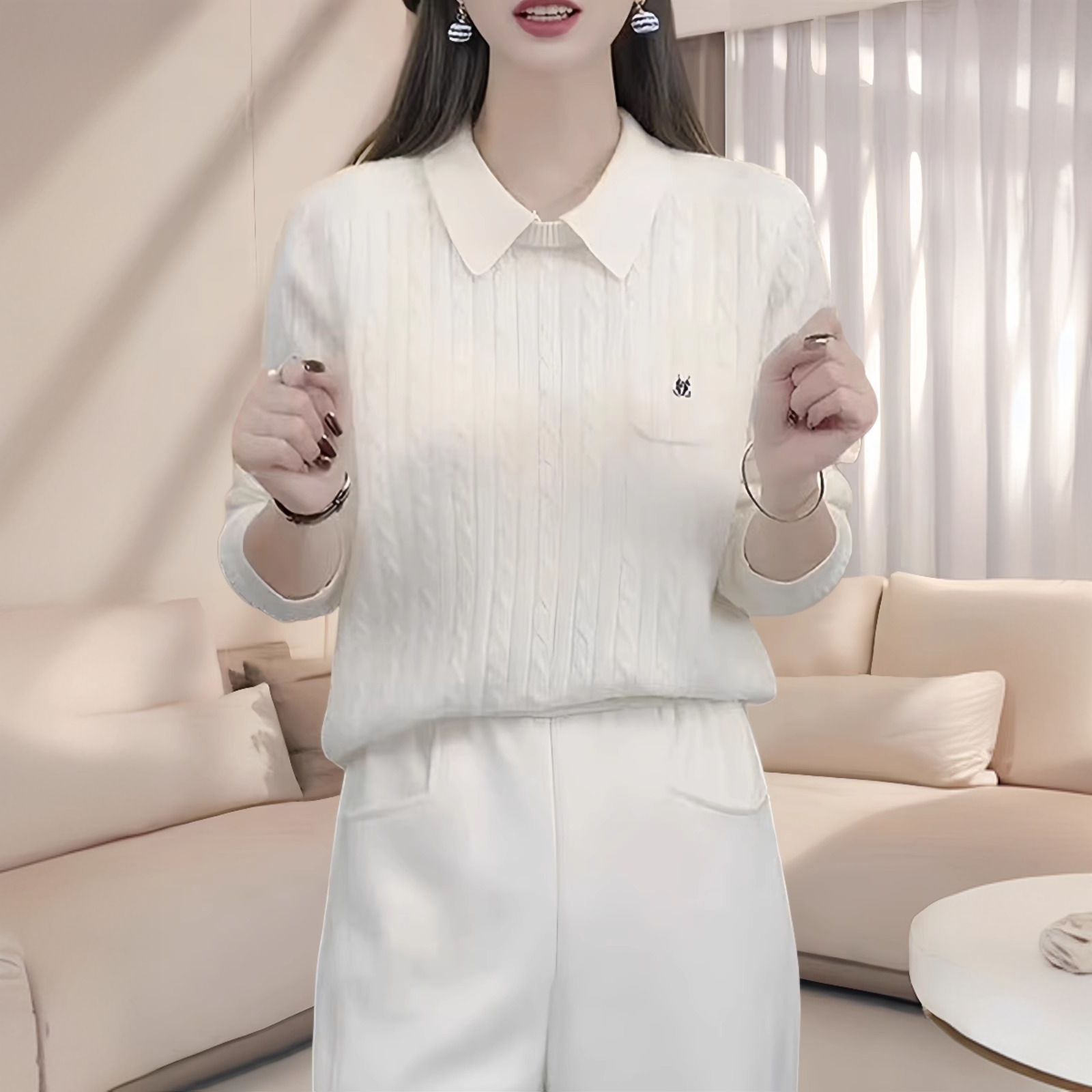 麻花翻领毛衣女秋季新款口袋设计气质时尚洋气百搭刺绣针织衫上衣