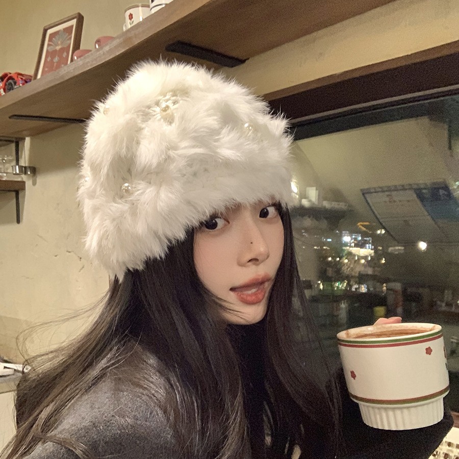 兔毛帽子女冬天时尚潮百搭秋冬季珍珠加厚保暖可爱针织毛线帽白色