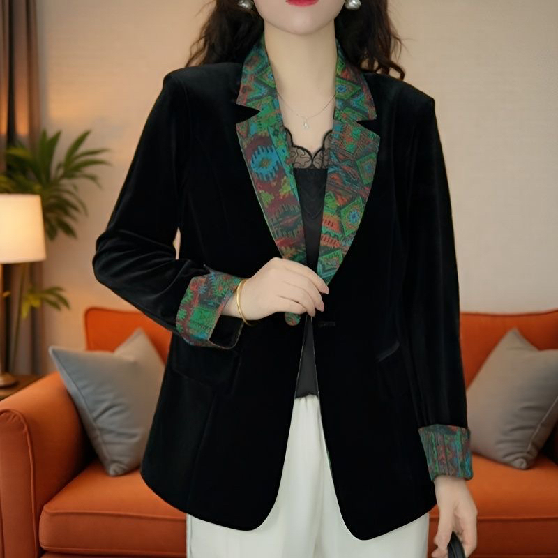 女士春秋季修身显瘦拼接翻领时尚国风撞色百搭丝绒小西装外套女