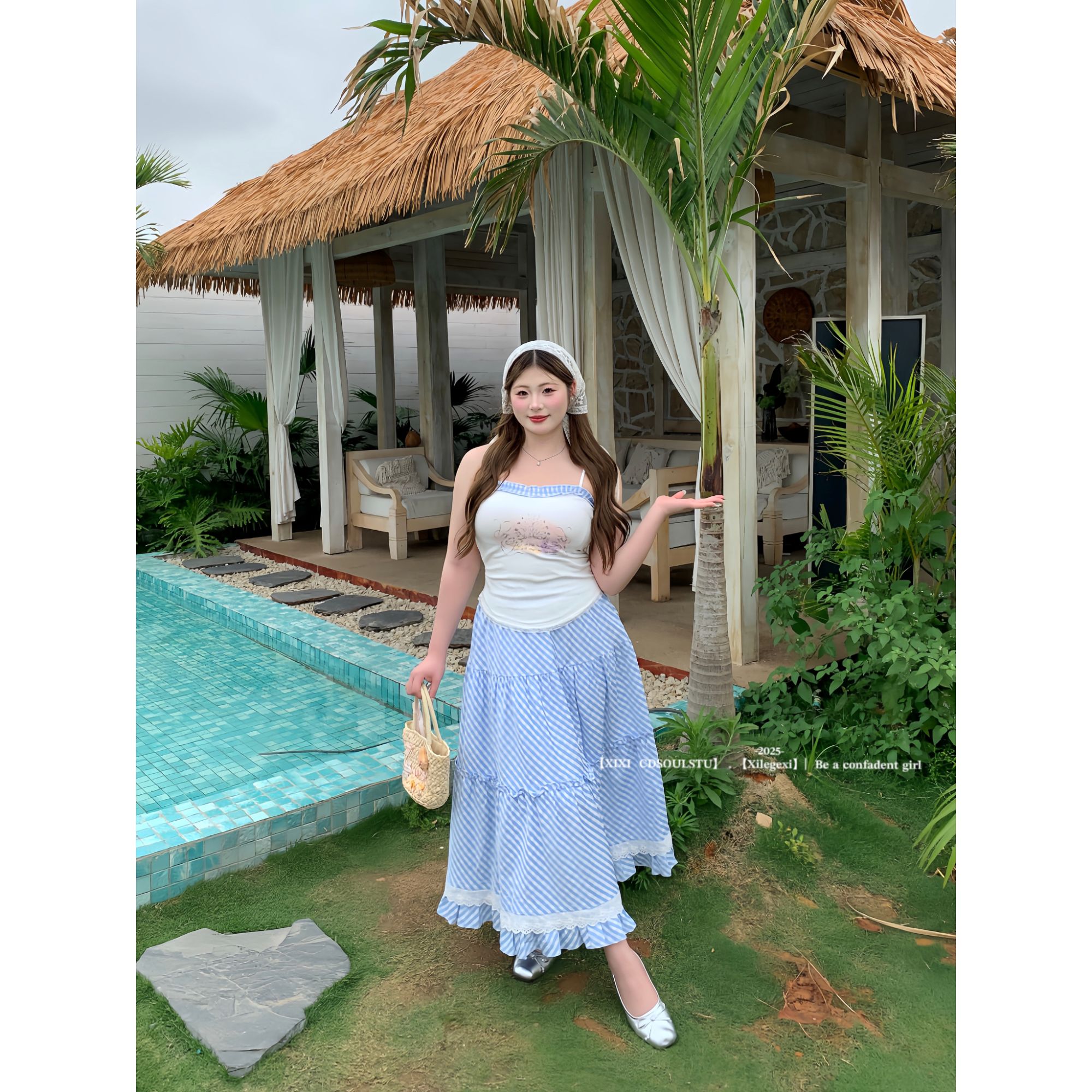 CD.soul【冰蓝泡泡】微胖韩系小清新纯欲蓝色格纹长裙显瘦吊带女