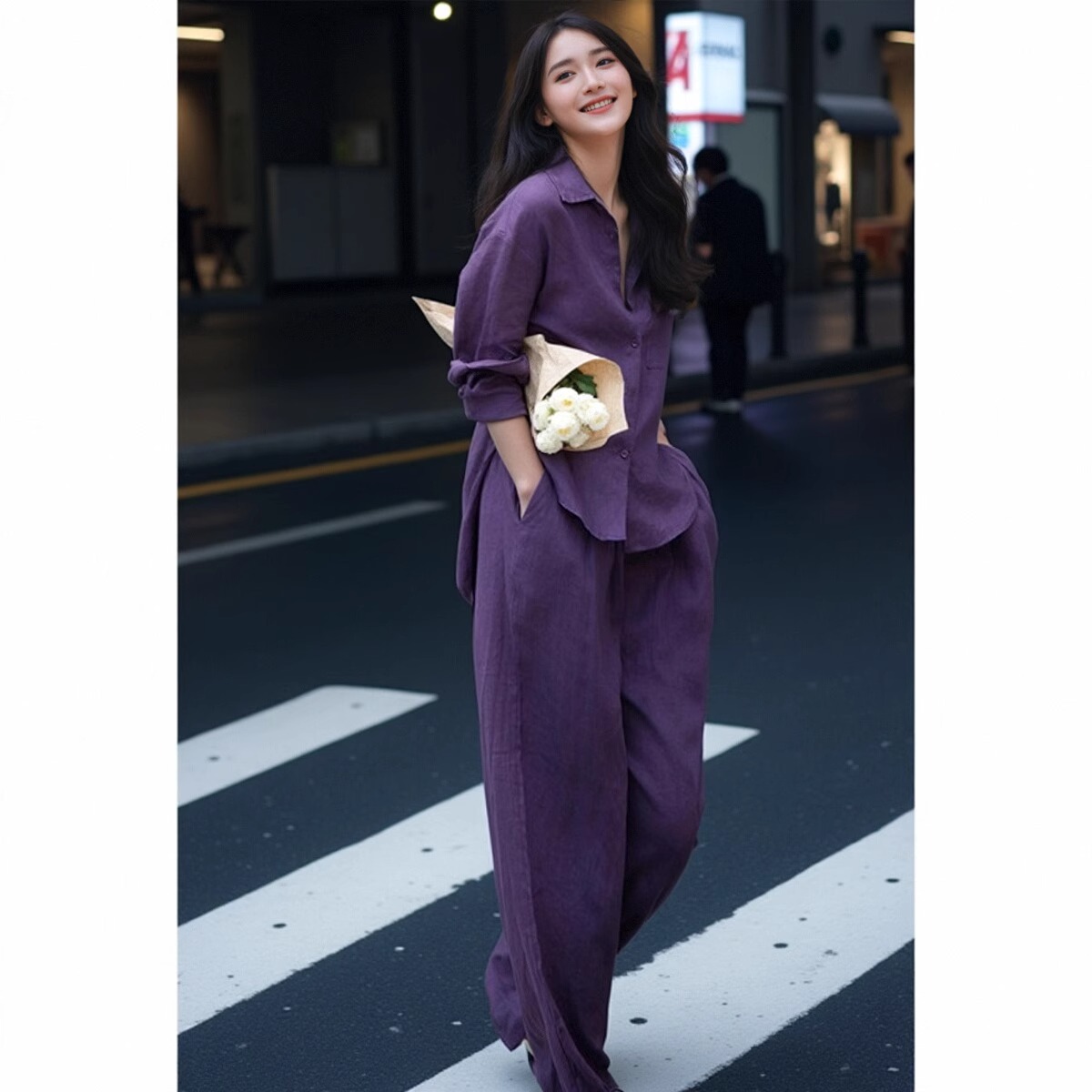 紫色亚麻衬衫套装女春季老钱风高级感穿搭减龄洋气时尚长裤两件套