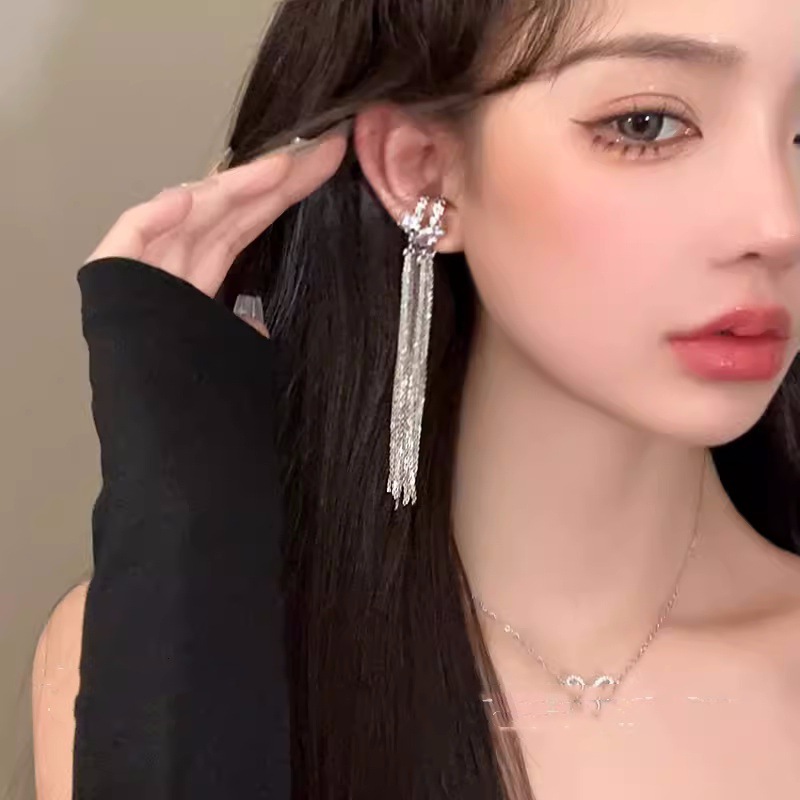 合金合成锆石耳饰 2026新轻奢小众高级感耳夹流苏耳环无耳洞耳挂