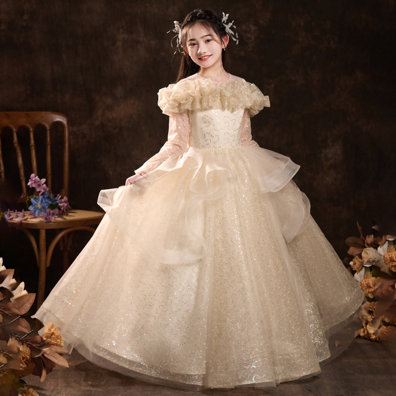 气质儿童礼服纱裙花童婚礼小女孩生日优雅公主裙长袖主持人钢琴秋