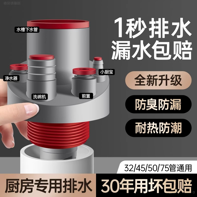 厨房专用下水管三通洗菜盆净水器水槽五通排水管道防臭神器分流器