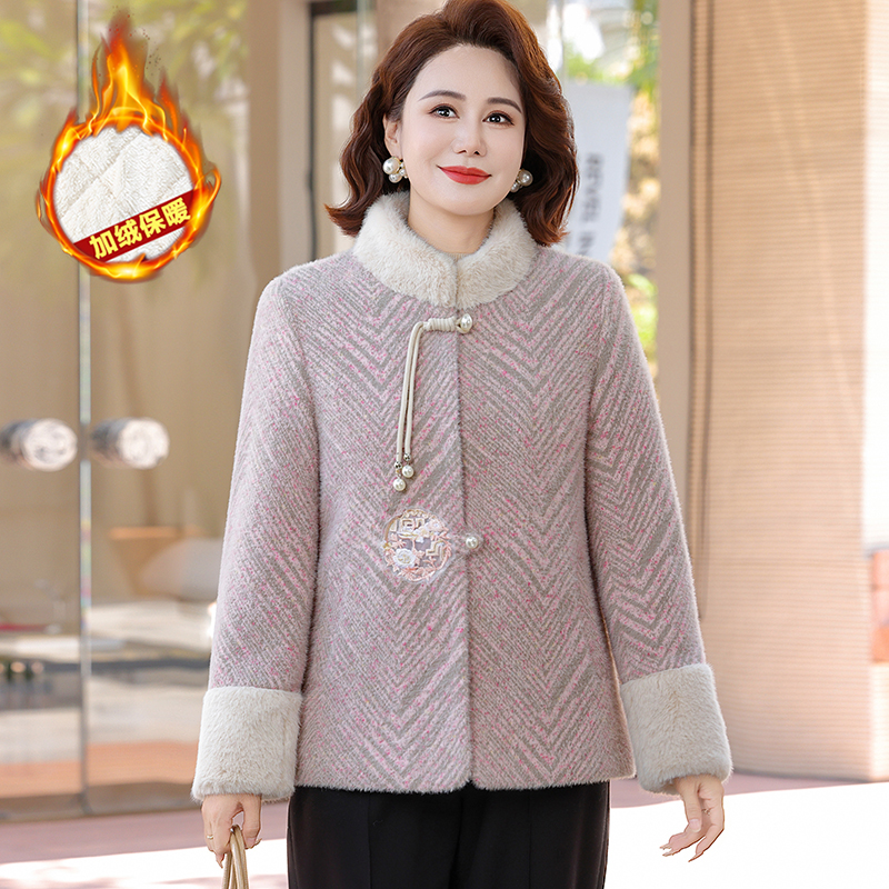 中老年女装加绒加厚水貂绒外套国风妈妈冬装短款棉衣保暖毛呢大衣