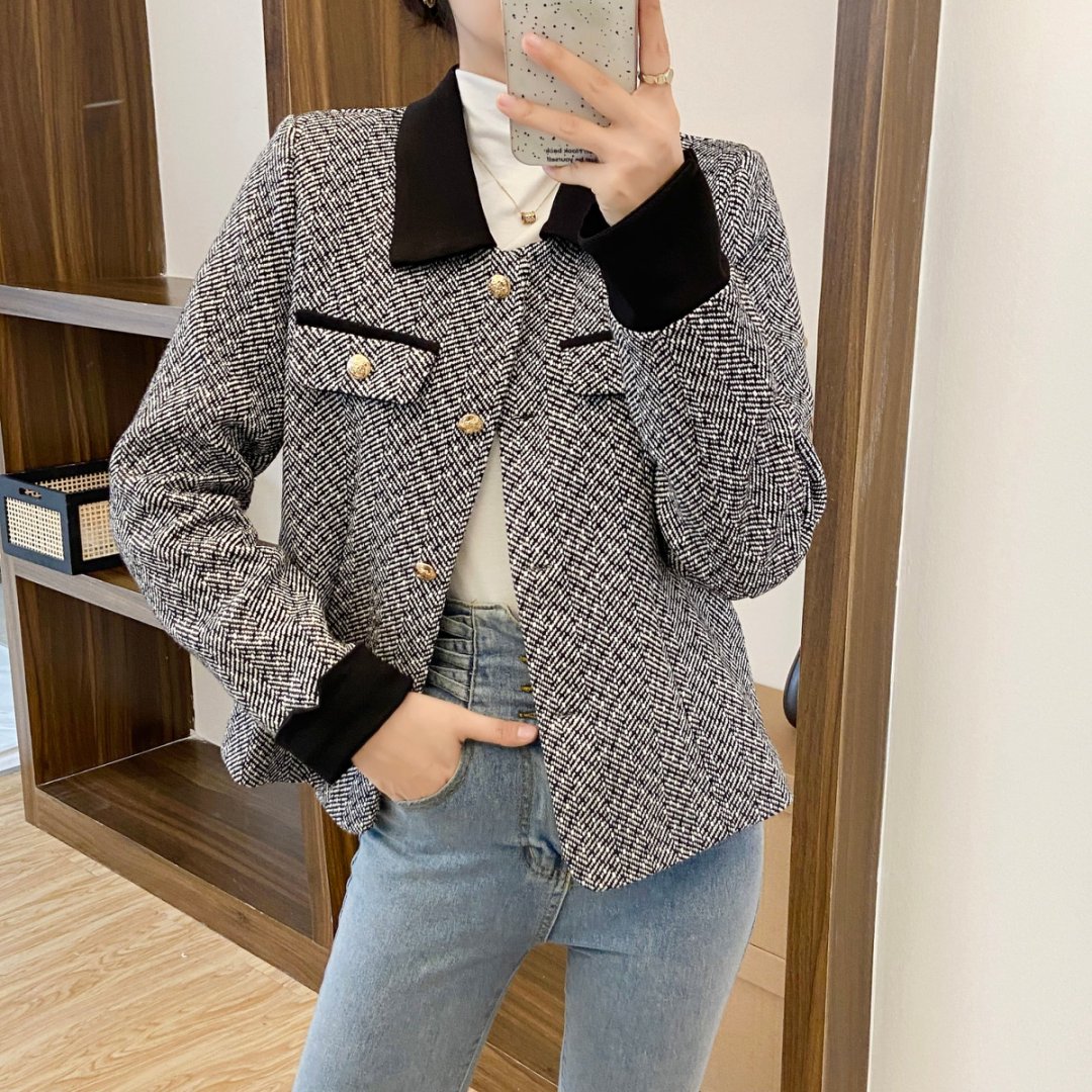 2025年人字纹小香风外套春秋新款时尚修身显瘦秋季减龄气质上衣