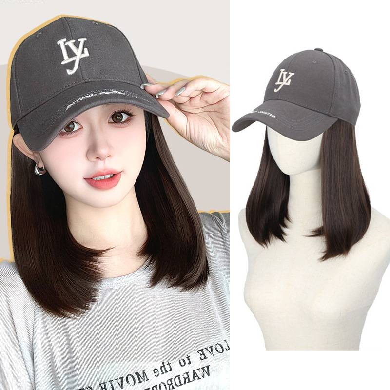 假发帽子一体女时尚网红LY字母刺绣棒球帽鸭舌帽假发女长发全头套