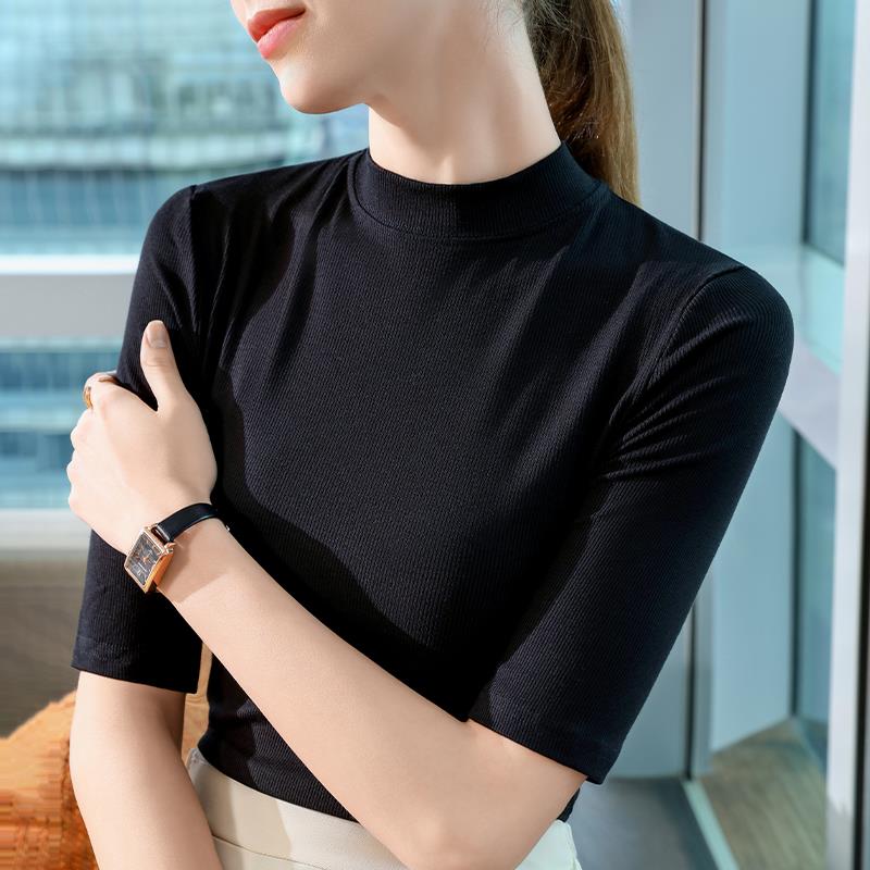 黑色立领中袖打底衫女2025新款秋季纯色五分袖T恤修身显瘦上衣