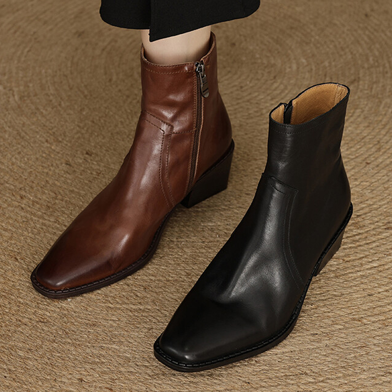 真皮秋冬新款中粗跟侧拉链英伦风复古马丁靴女百搭显瘦方头短靴子