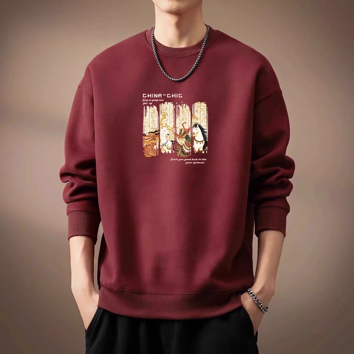 仓石一树潮牌马年本命年秋冬酒红色圆领卫衣男休闲加绒情侣装衣服