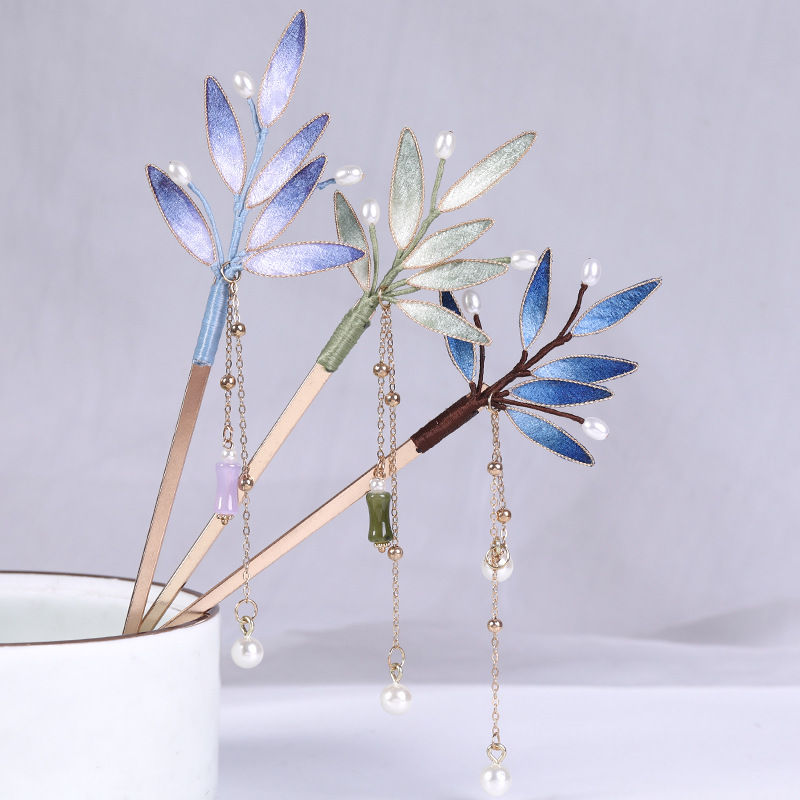 D掐丝竹叶发簪古风发饰汉服头饰盘发簪子金属流苏饰品古装发型