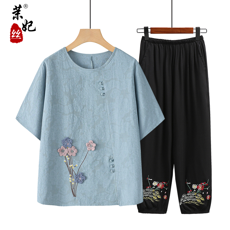 妈妈夏装中老年奶奶套装宽松两件套短袖老太太老人T恤上衣夏季薄