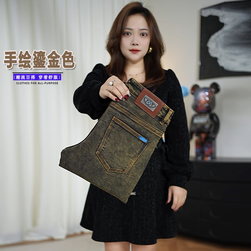 怀旧复古手绘鎏金色冬季厚款男士牛仔裤时尚百搭高级感水洗弹力裤