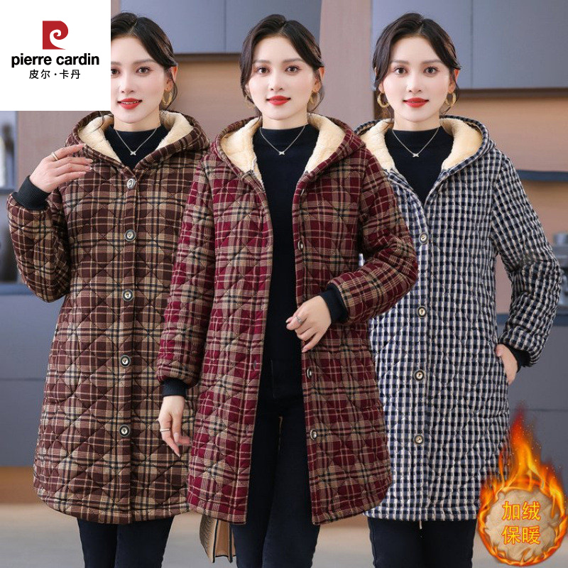 皮尔卡丹妈妈装冬季加绒加厚连帽棉衣女中长休闲开衫棉服新款洋气
