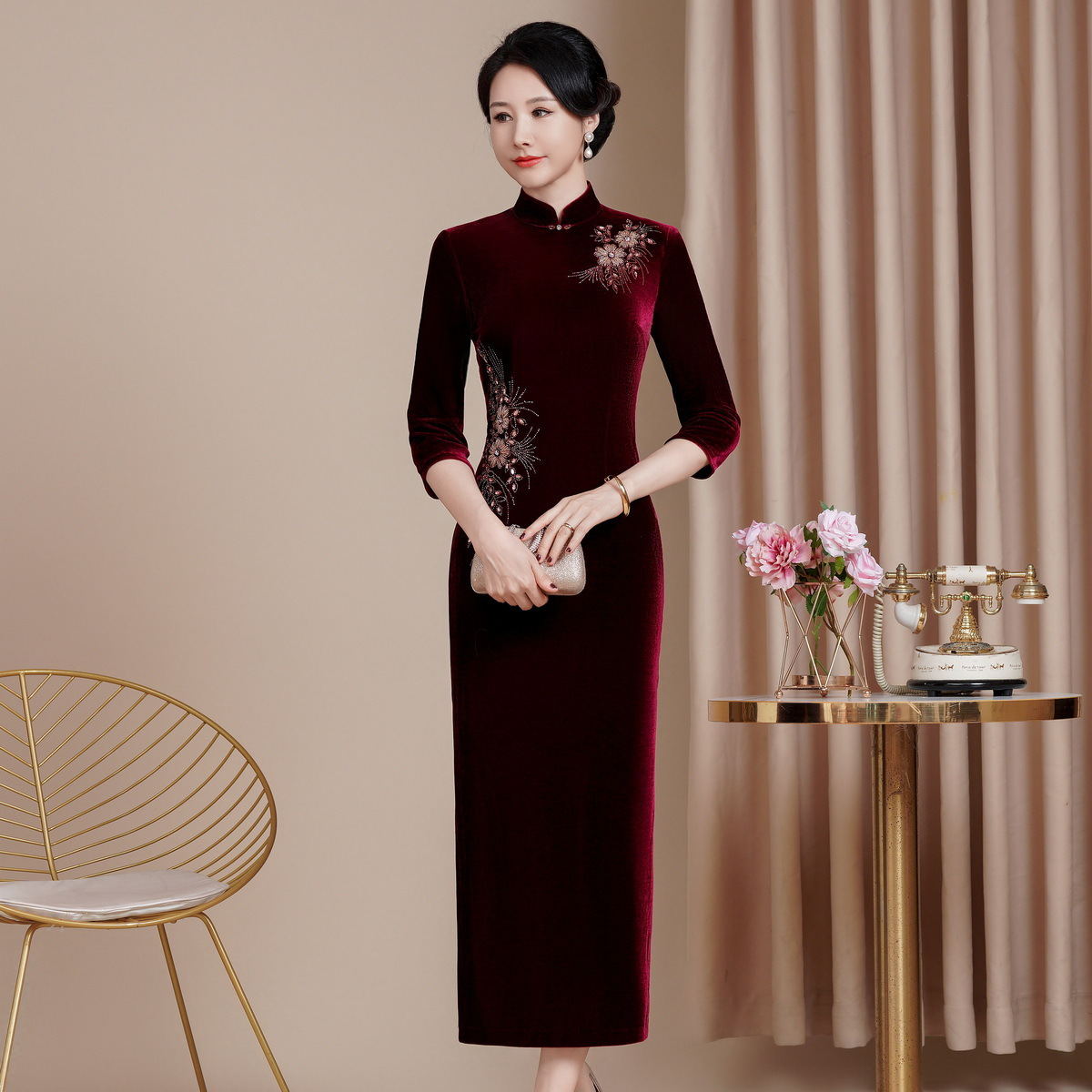 喜结婚婆婆修身改良版丝绒旗袍喜妈妈敬酒服中长款中国风加绒礼服