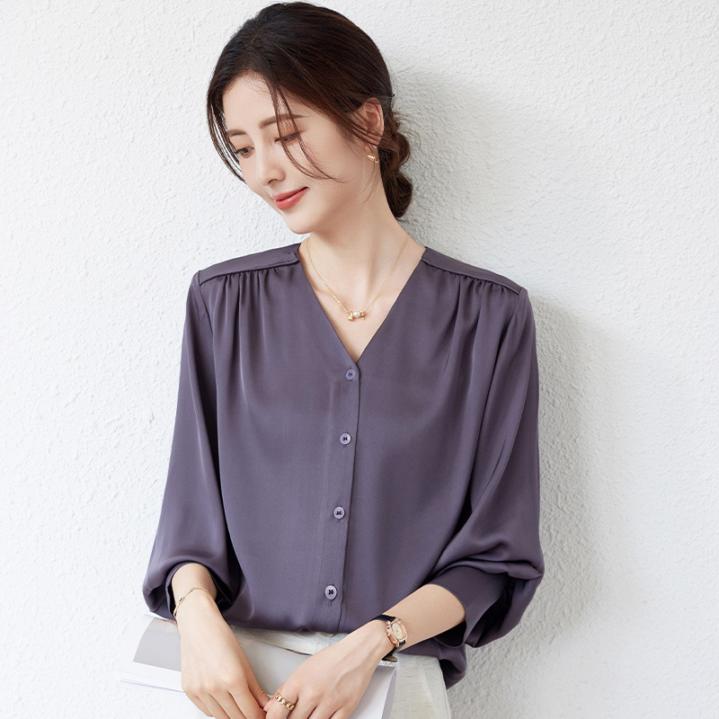气质女士丝质衬衫宽松显痩拼接设计长袖职场优雅服饰百搭洋气上衣
