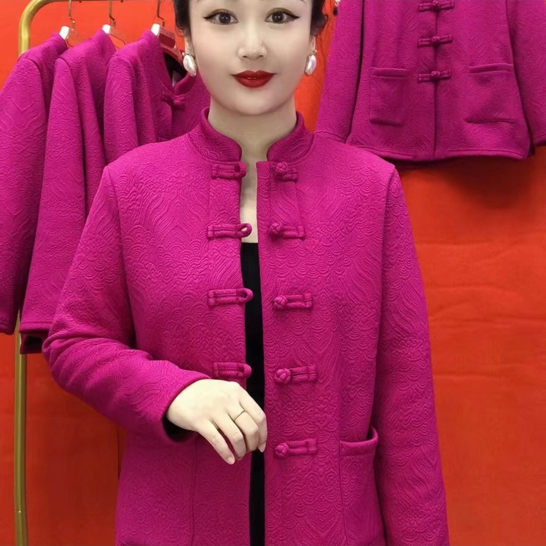 秋冬季加绒长袖盘扣中老年妈妈装上衣开衫打底衫