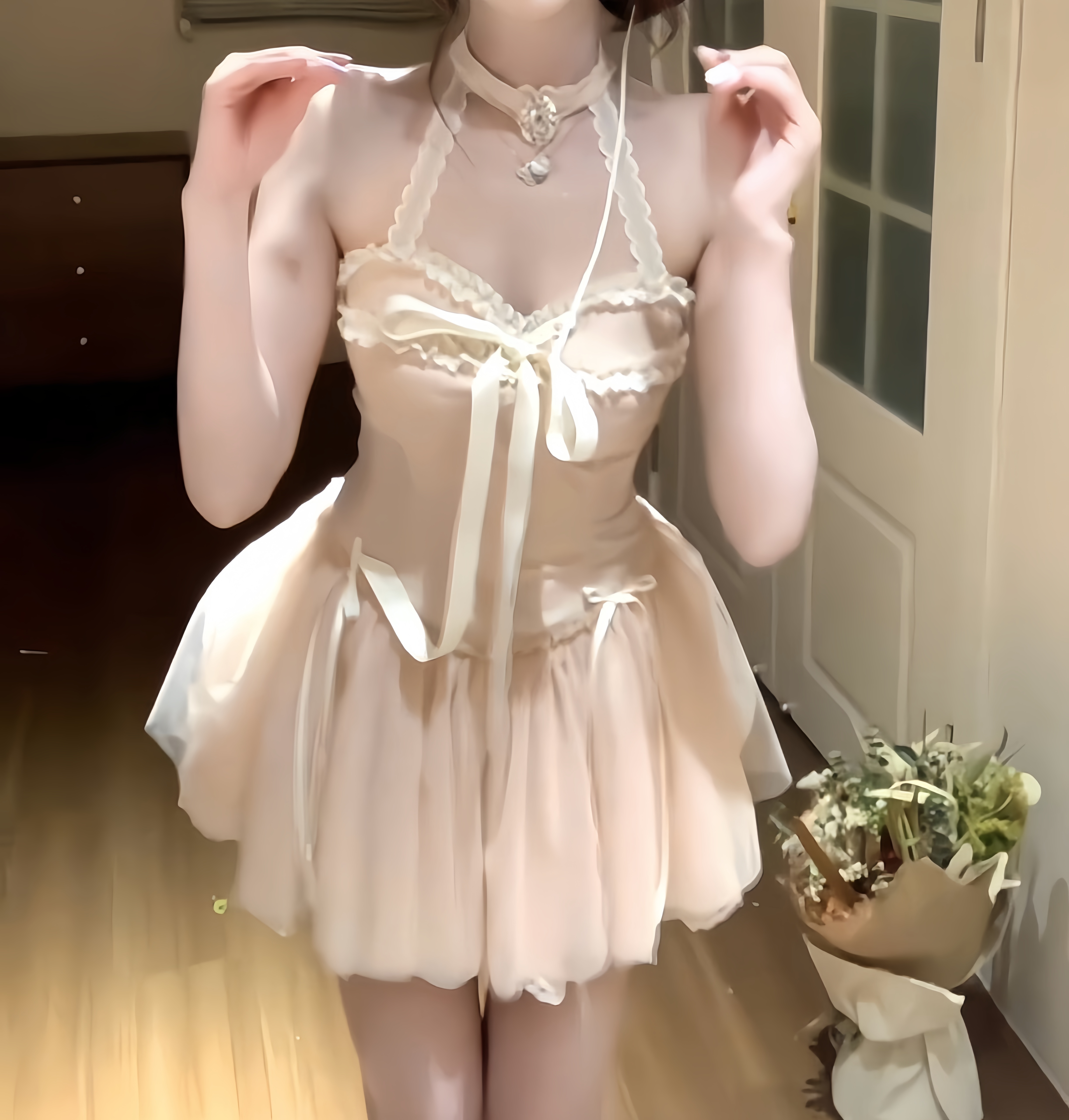 蕾丝甜梦 夏季纯欲小众设计芭蕾风蕾丝挂脖吊带性感公主连衣裙女