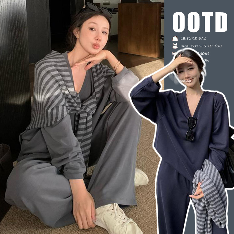 孕妇秋季套装2025时尚款慵懒风长袖上衣搭配条纹披肩秋天三件套装