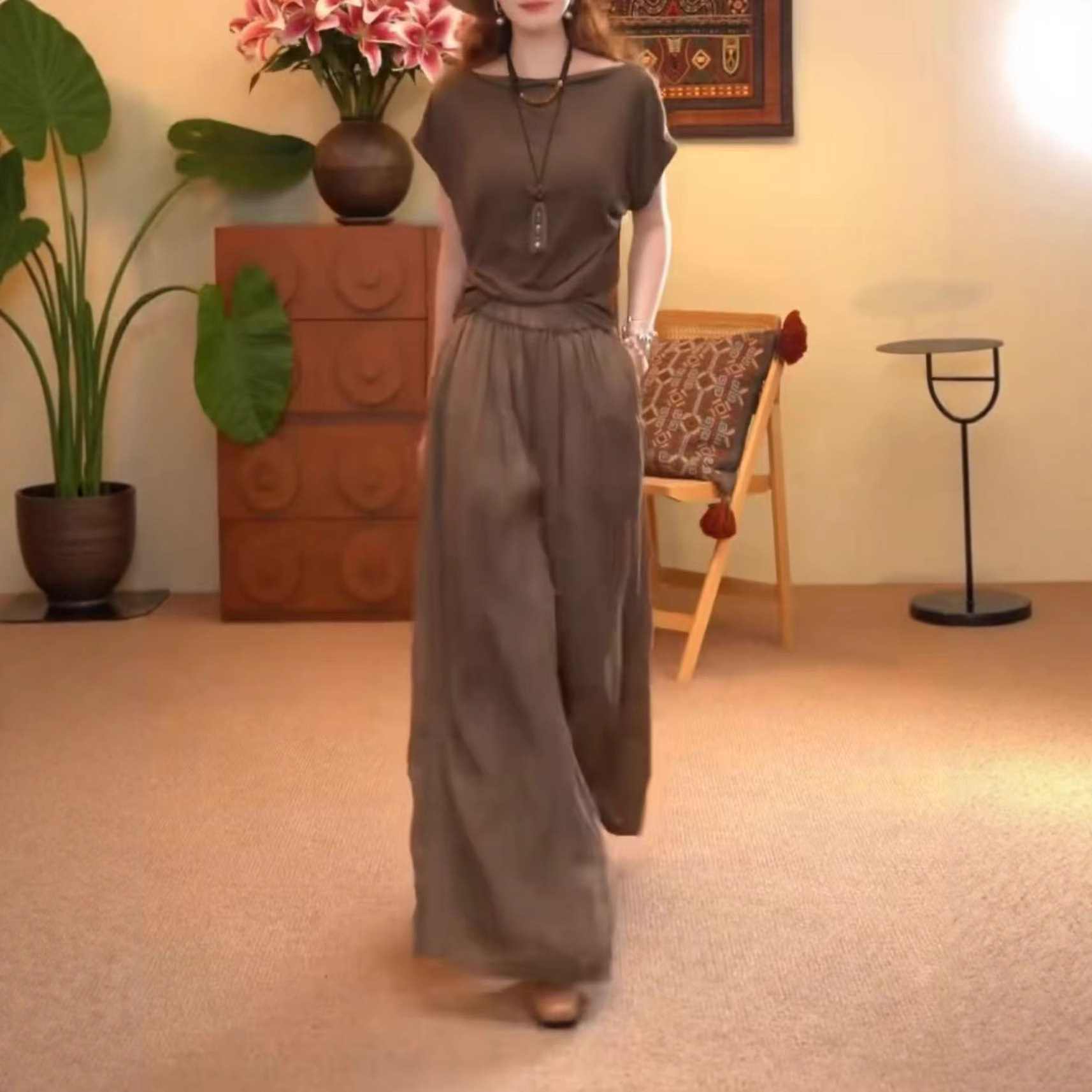 休闲时尚套装时尚复古气质短袖老钱女装禅意仙气飘飘女装显瘦上衣