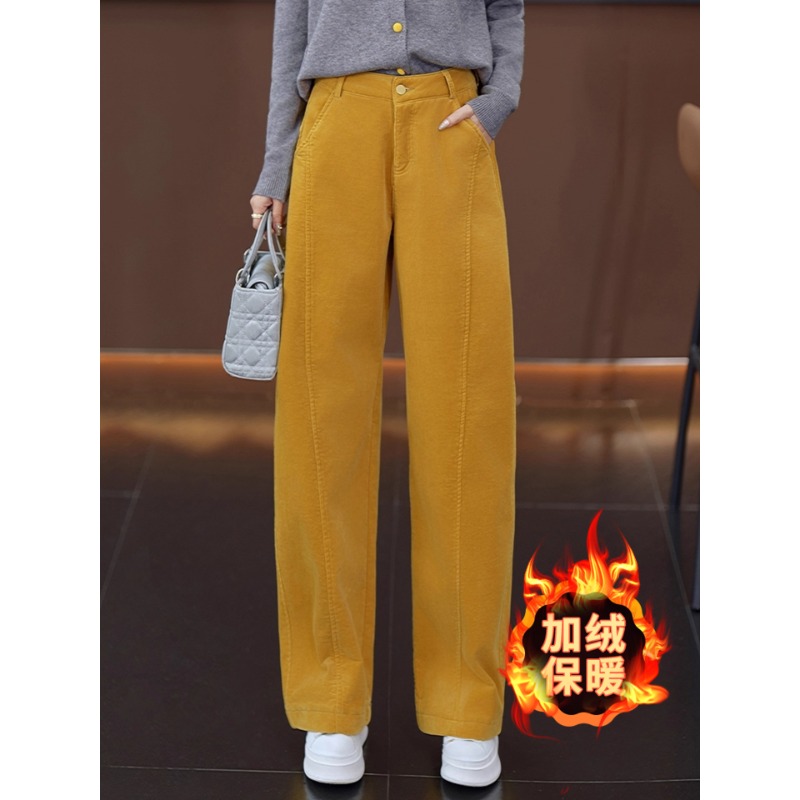 黄色灯芯绒弯刀裤女秋冬季2025新款加绒加厚休闲条绒直筒镰刀裤子