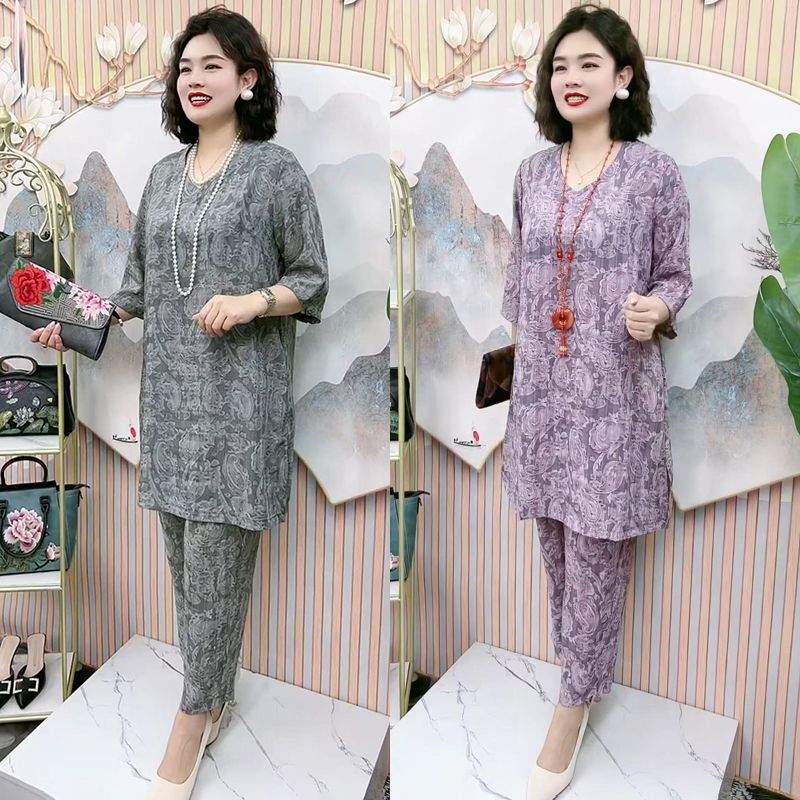 高端夏季短袖时尚妈妈宽松遮肉中长款提花大版衬衫阔腿裤两件套装