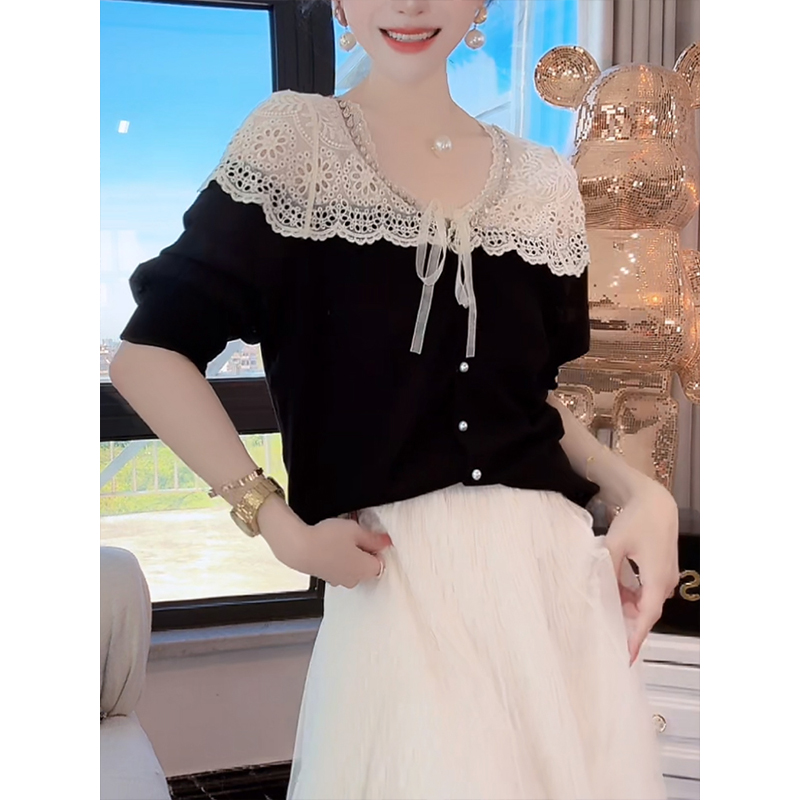 设计感重工蕾丝拼接针织衫女士2025秋季新款减龄显瘦小众小衫上衣