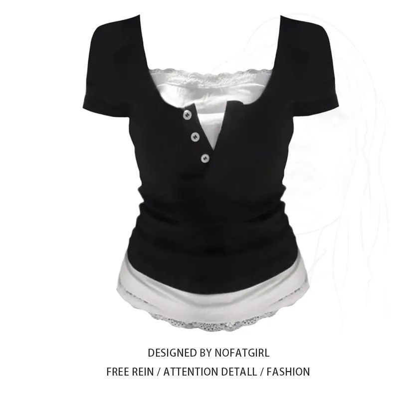 微胖MM大码蕾丝假两件短袖T恤女修身辣妹上衣