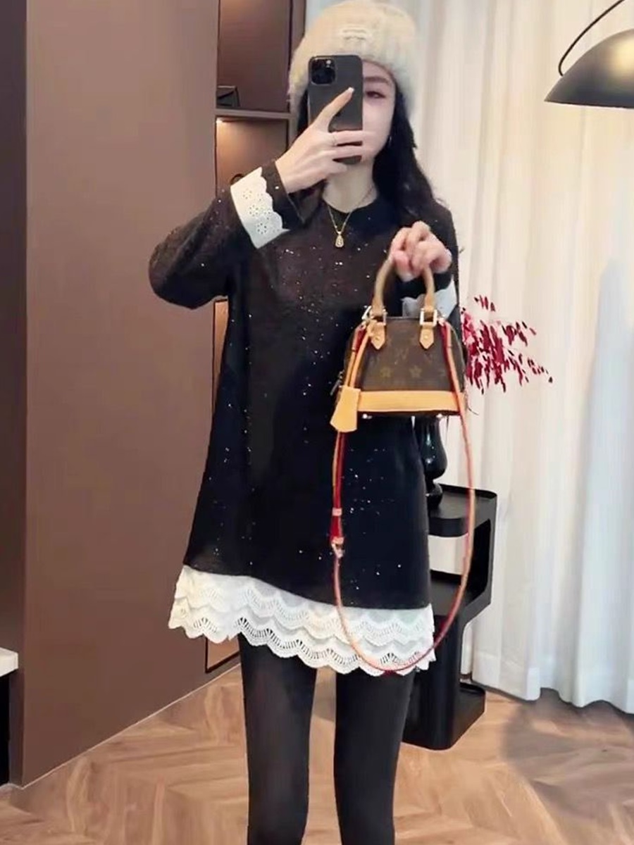 中长款蕾丝拼接德绒亮丝假两件T恤女秋冬宽松遮屁股洋气打底上衣