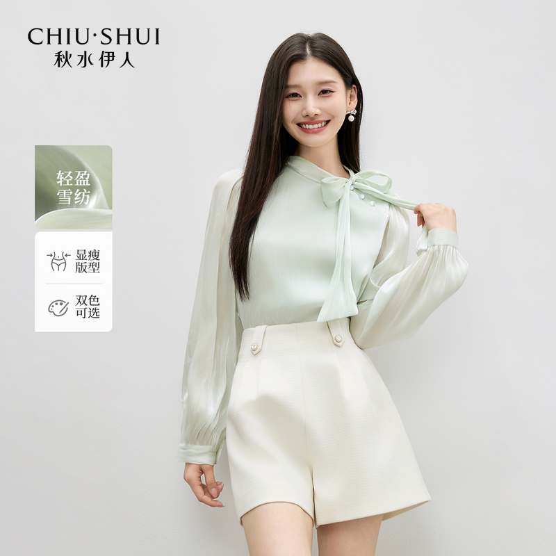秋水伊人气质上衣2025年秋季新款飘带蝴蝶结雪纺衫625307B060134