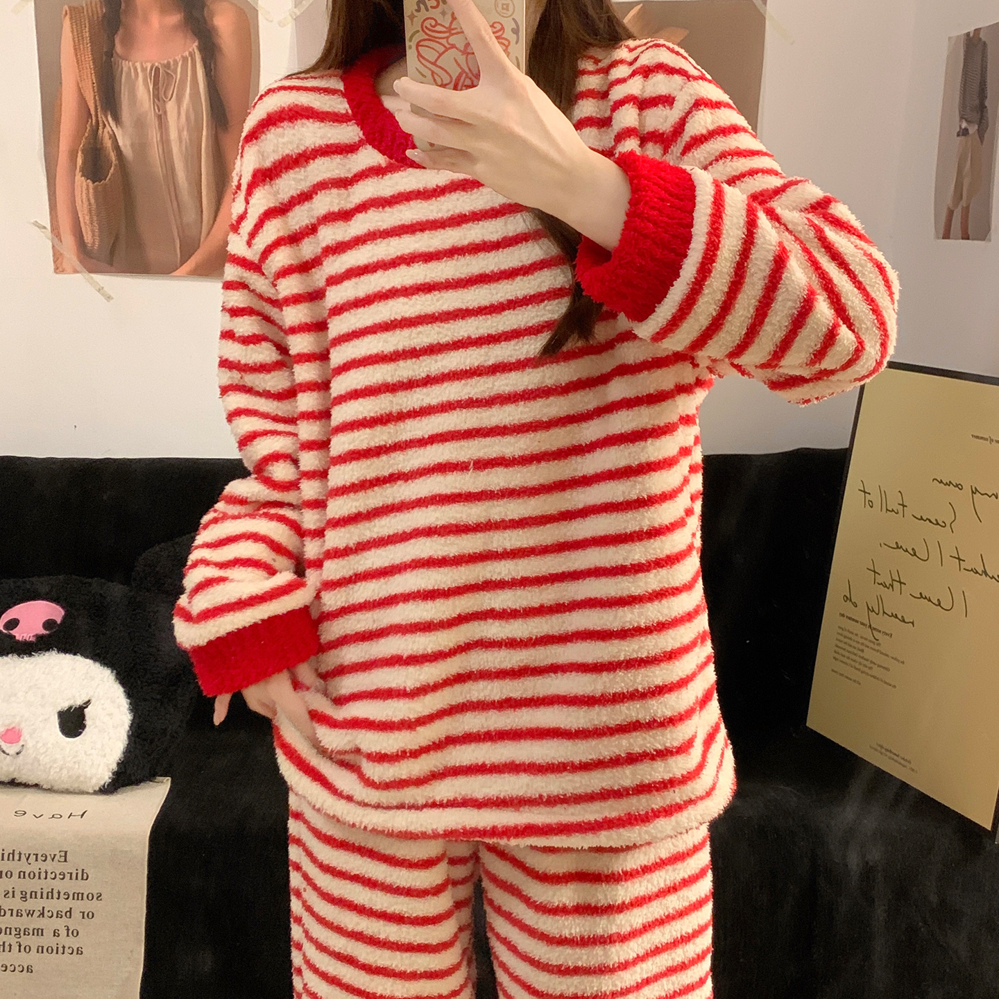 半边绒睡衣女款秋冬季红色时尚长袖条纹加厚珊瑚绒外穿大码家居服