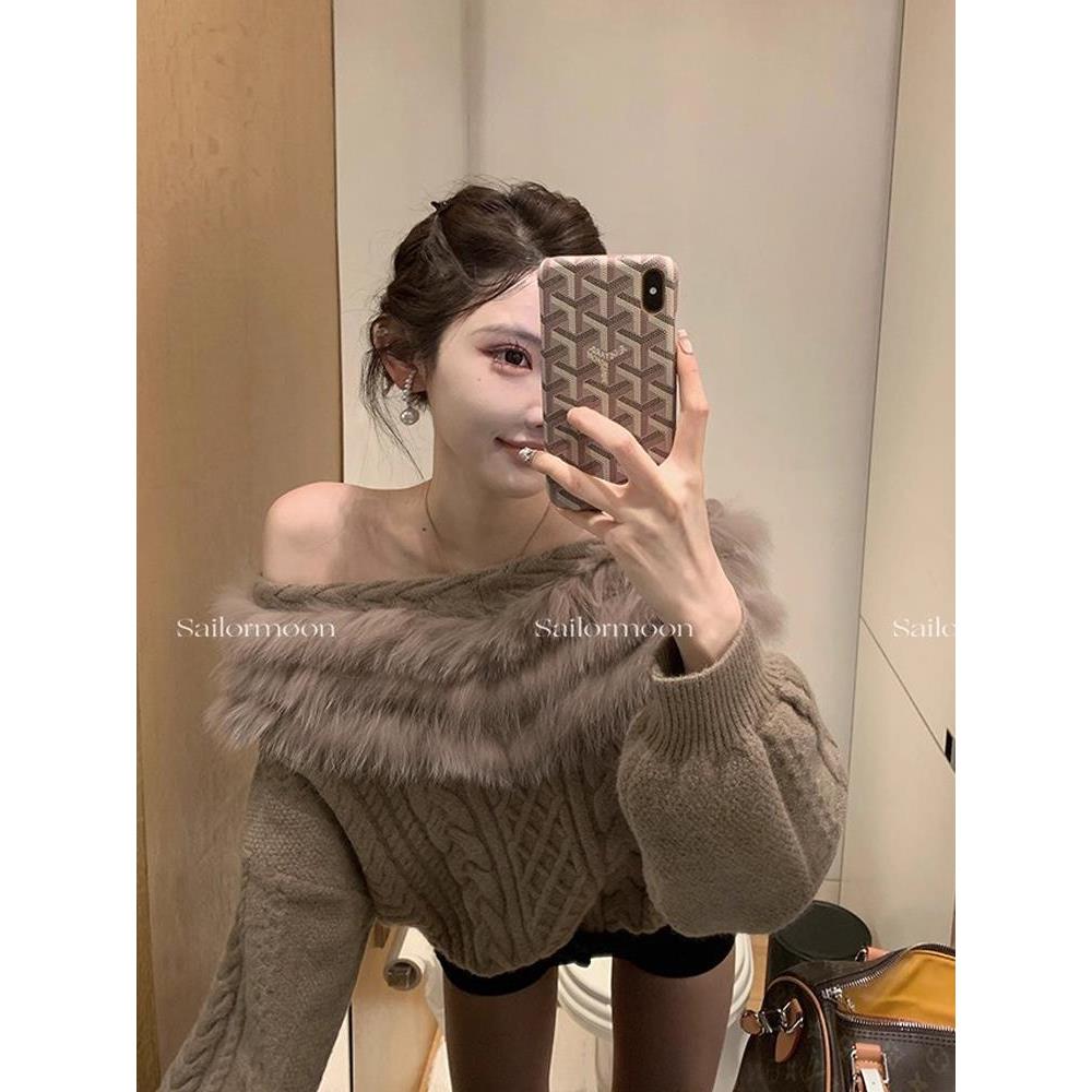 麻花宽松显瘦针织衫上衣女秋冬慵懒风性感辣妹毛领一字领长袖毛衣