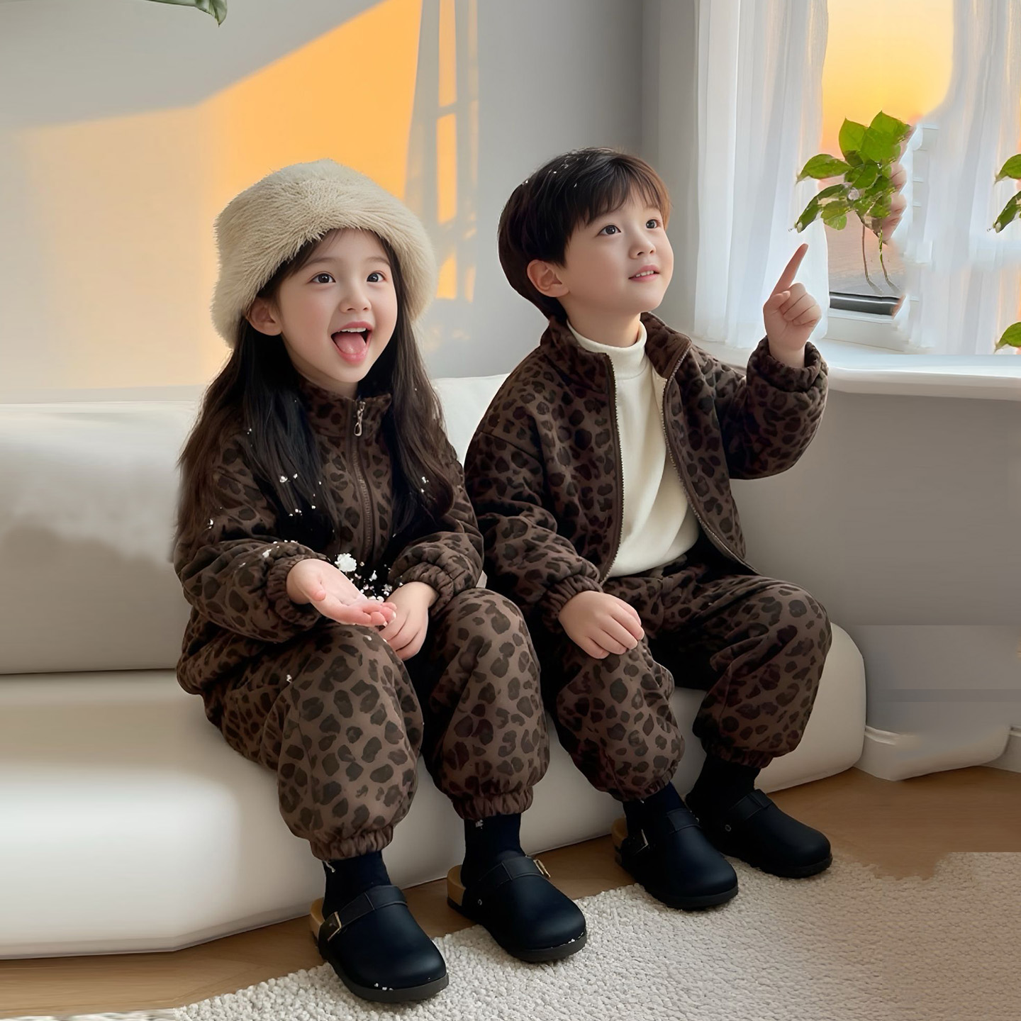 儿童豹纹冬装姐弟装冬款洋气男女童冬季加绒加厚棉衣棉裤两件套装