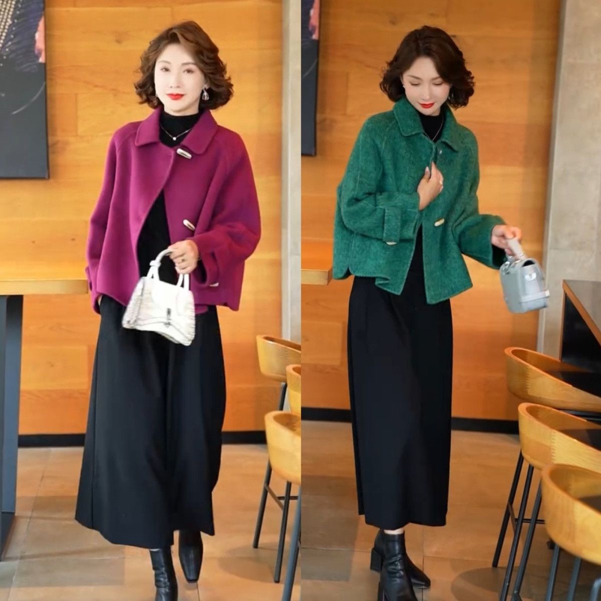 新款高级感宽松翻领呢子外套搭配休闲阔腿裤秋冬新款遮肉显瘦女装