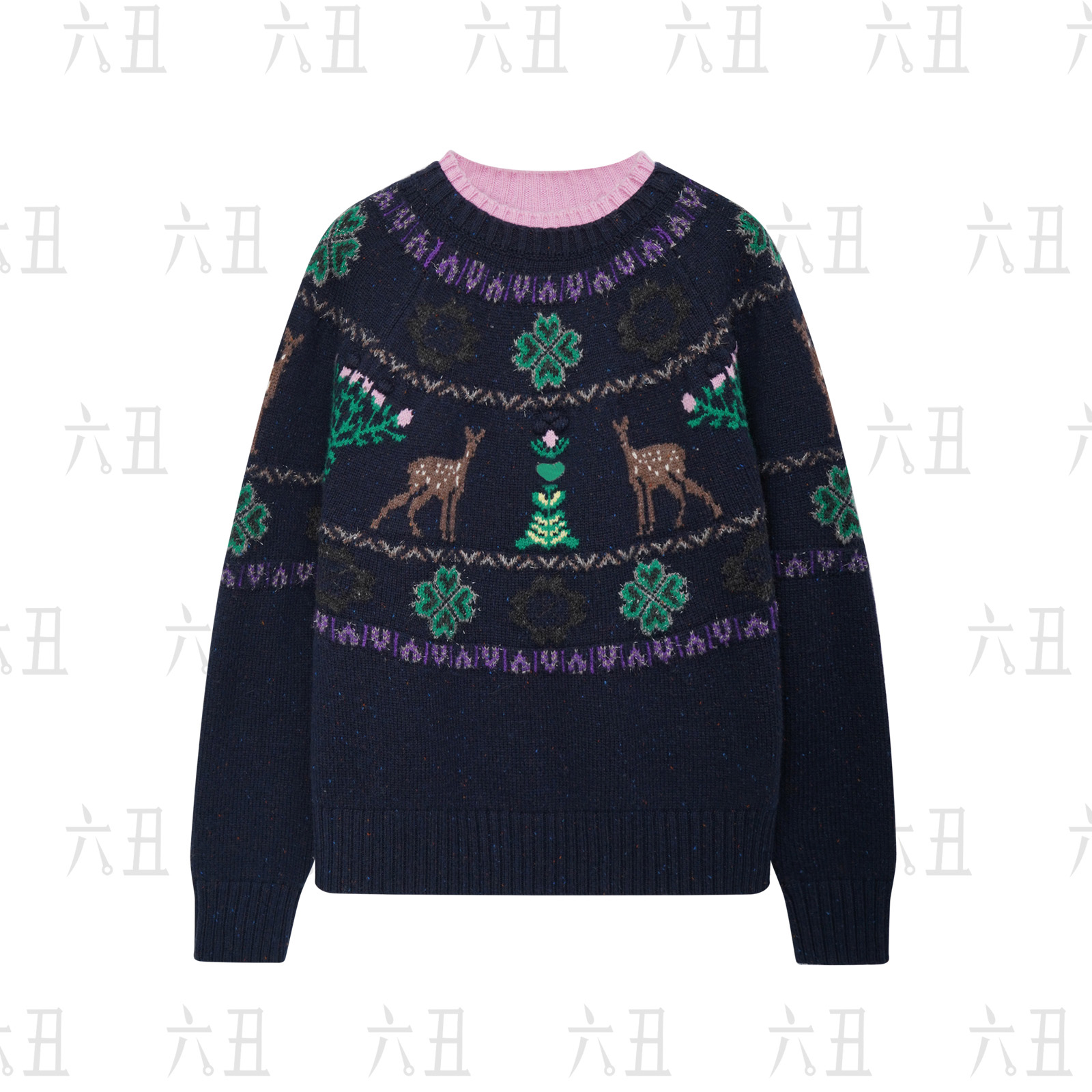 【六丑】新款冬季时尚通勤百搭高级粉领小鹿印花针织衫511ZZS0143