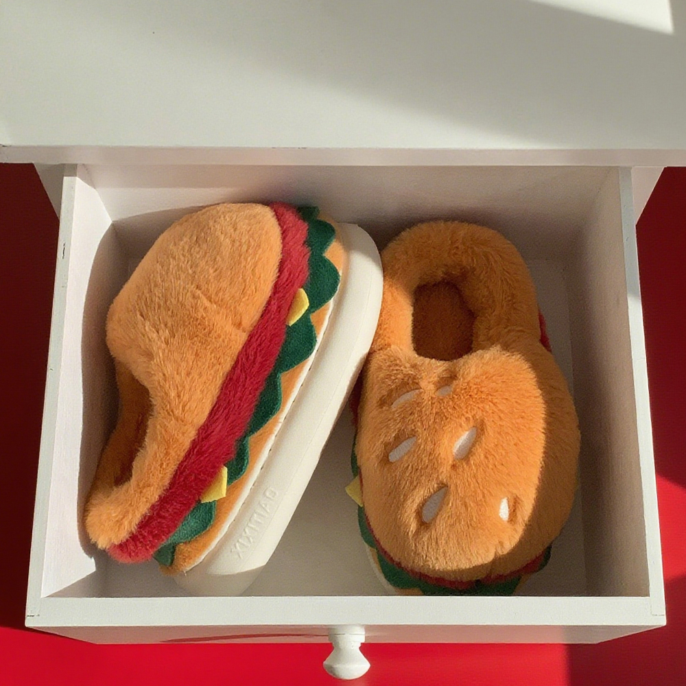细细条 趣味汉堡一家三口亲子毛毛鞋冬季室内保暖舒适儿童棉拖鞋